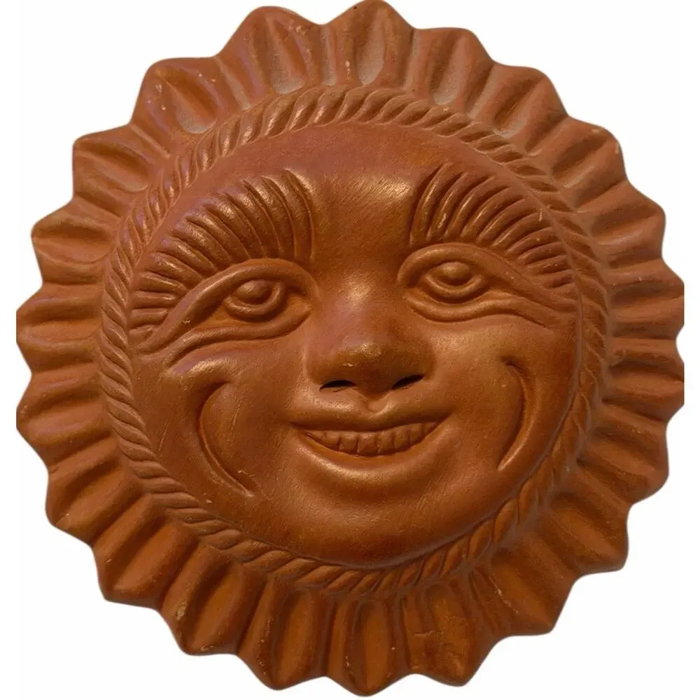 VINTAGE HANDMADE TERRACOTTA SUN FACE Celestial Wall Decor 7” MEXICO 3312-45